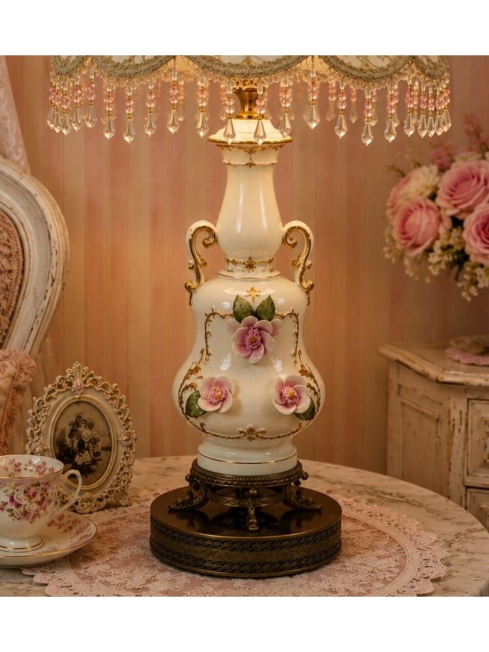 Victorian Revival Antique Capodimonte Type 28" Porcelain Rose Amphora Table Lamp